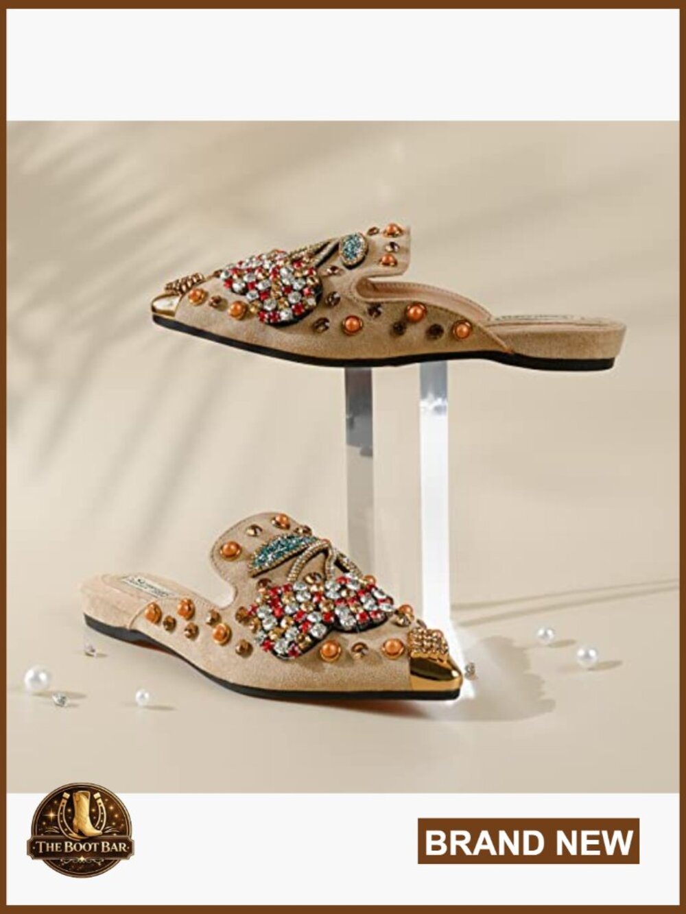 Women's Pointed Toe Mules with Memory Foam Insole, Rhinestone Rivet Flats - Picture 3 of 5
